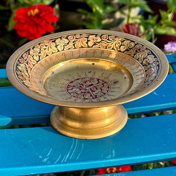 Vintage Engraved Handpainted Brass Pedestal Dish Indian Brass Bowl Signed